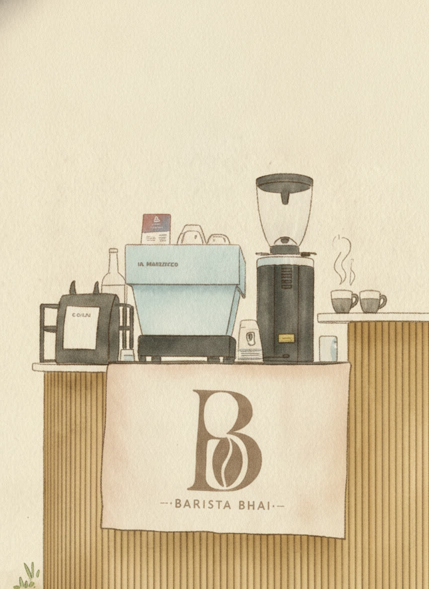 Watercolor illustration of the Barista Bhai espresso cart with La Marzocco machine and branded linen banner