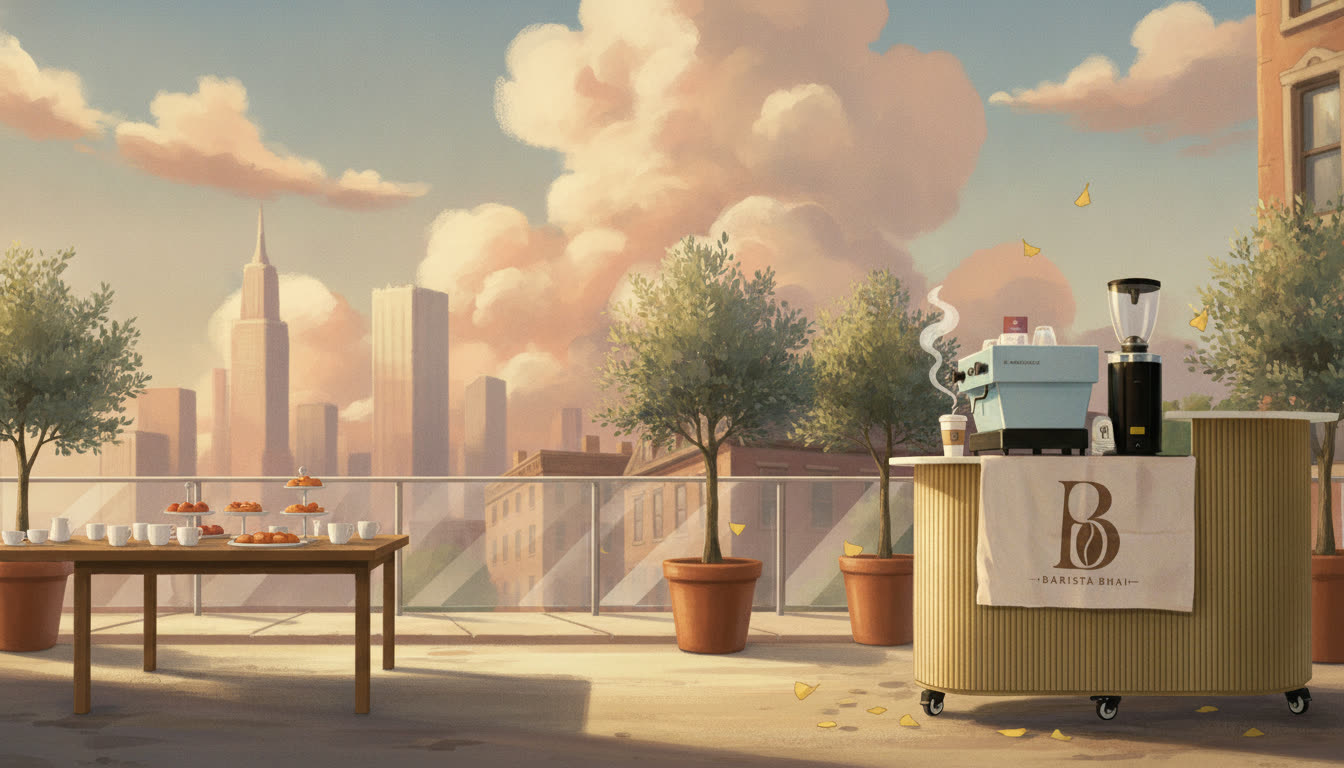 Painted illustration of the cart on an office rooftop terrace with the Manhattan skyline