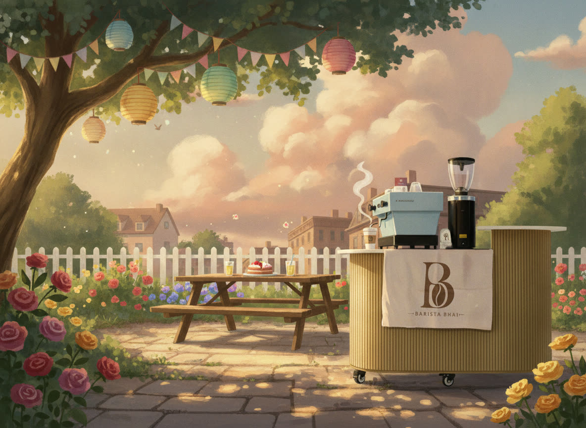 Painted illustration of the cart at a backyard garden party with bunting and paper lanterns