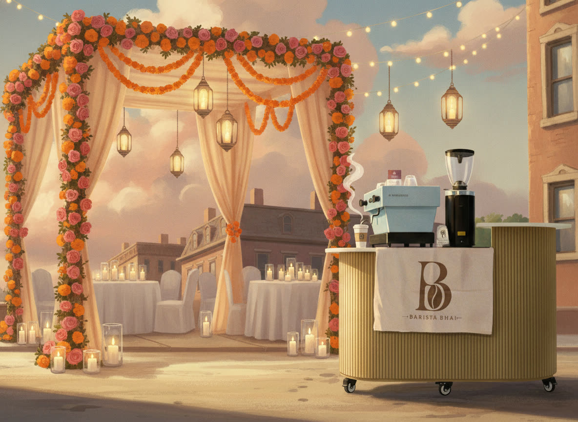 Painted illustration of the cart beside a marigold and rose floral arch with hanging lanterns at a wedding