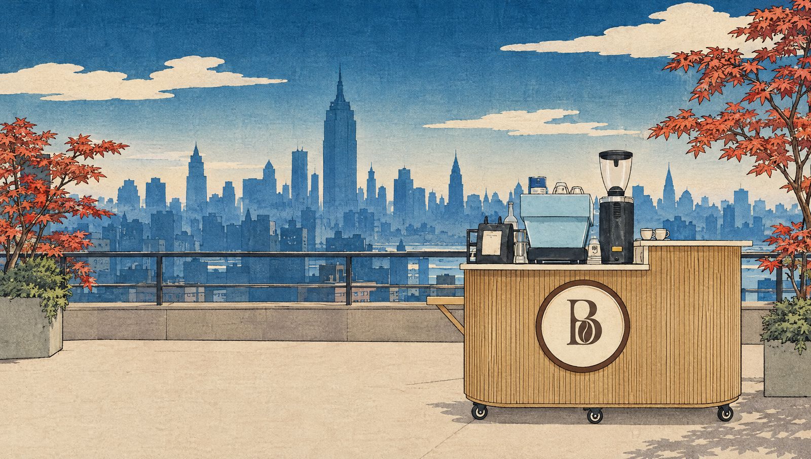 Japanese woodblock print of the Barista Bhai cart on a rooftop terrace with the Manhattan skyline in layered blues