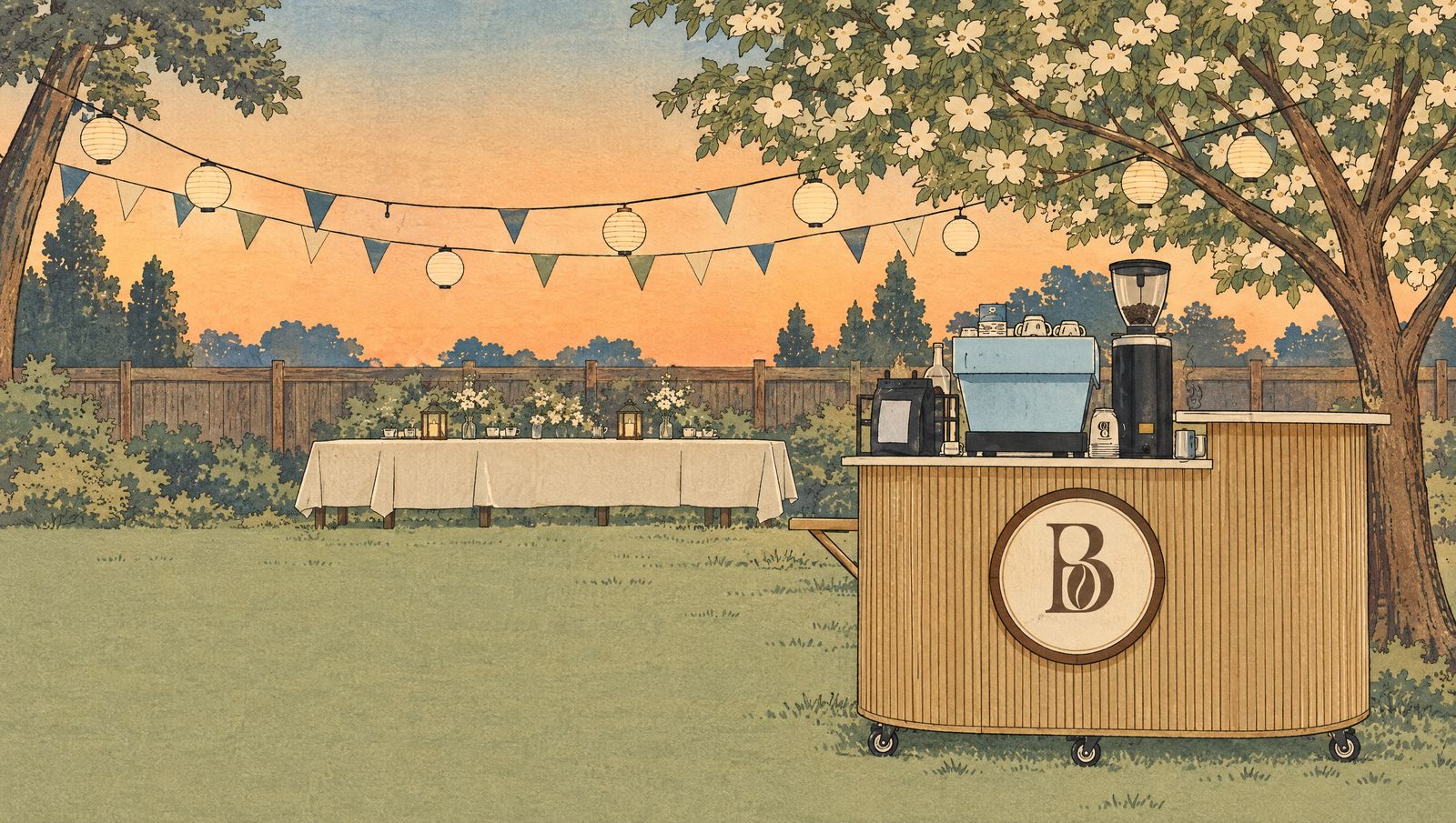 Japanese woodblock print of the Barista Bhai cart at a backyard garden party under lanterns, bunting and a flowering dogwood