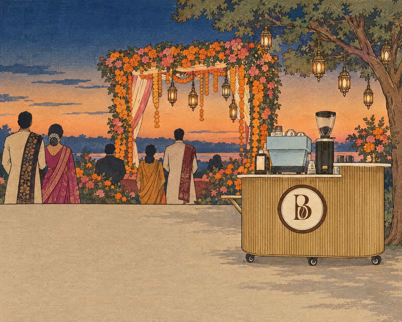 Japanese woodblock print of the Barista Bhai cart beside a marigold and rose mandap with brass lanterns at a twilight wedding